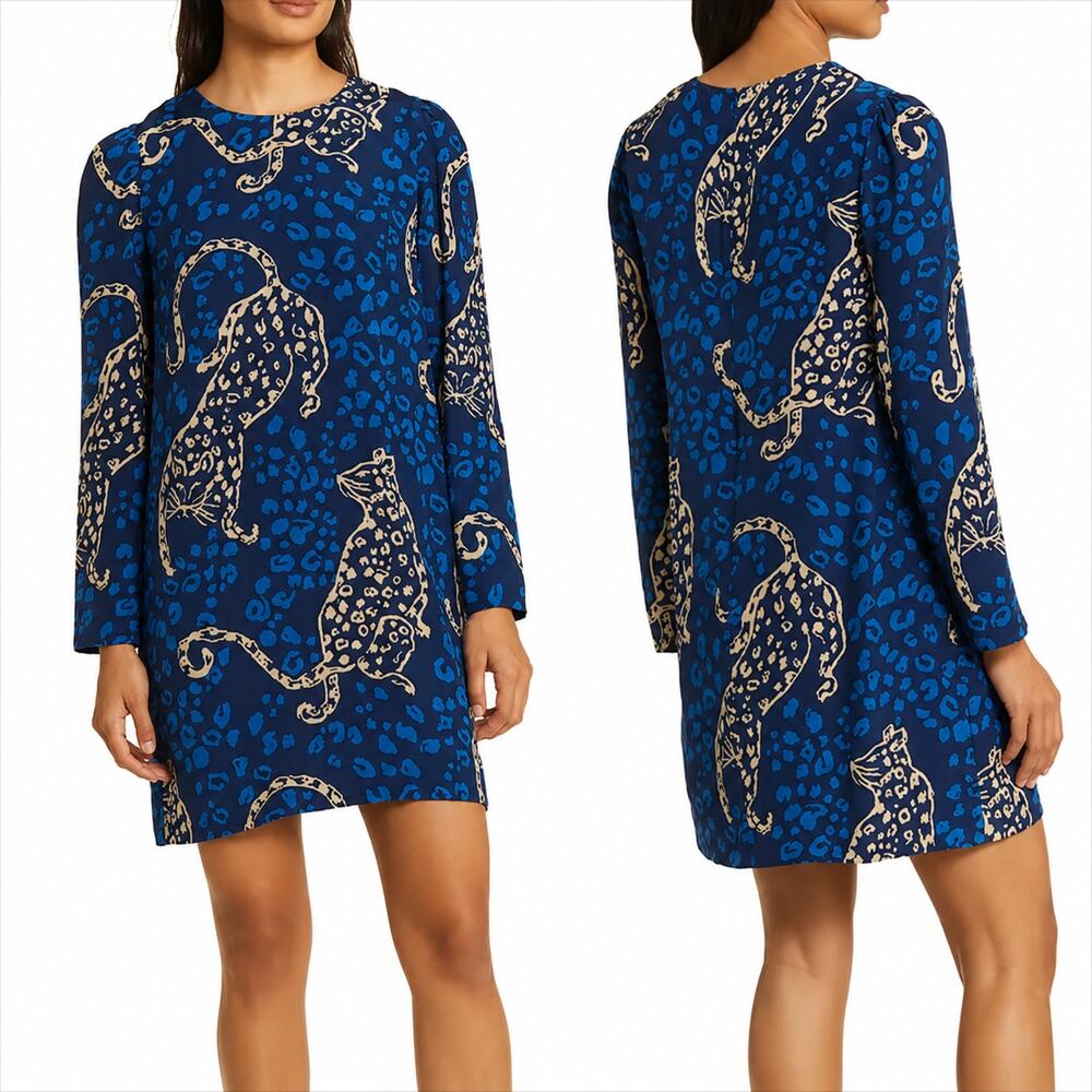 Lilly Pulitzer 100% Silk Tyra Leopard Print Long Puff Sleeve Shift Dress Mini - Picture 3 of 16